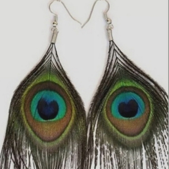 Peacock Feather Earrings on pierced hypoallergenic ss Ear wires. 1 pr Be… - Picture 1 of 10